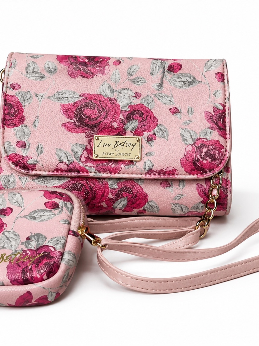 Betsey Johnson Pink Floral Convertible Crossbody with matching wallet.